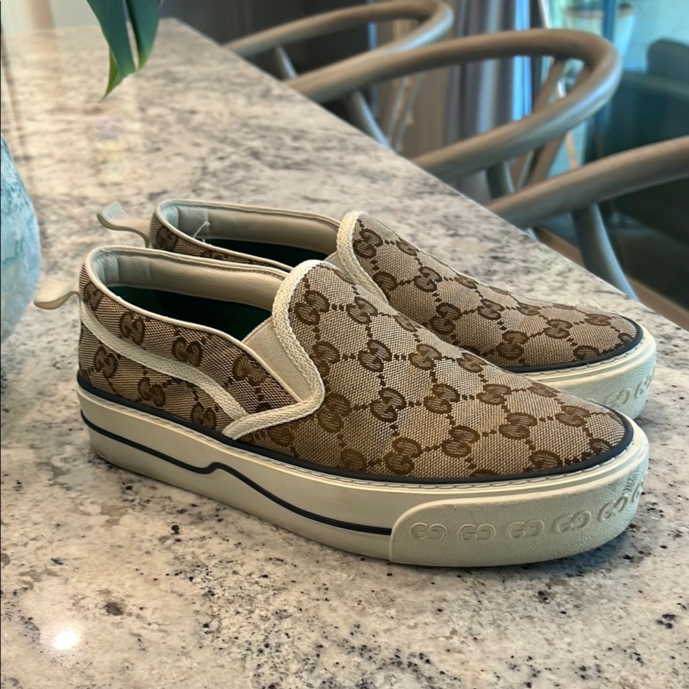 Gucci Brown and Cream Loafers with Monogram Canvas